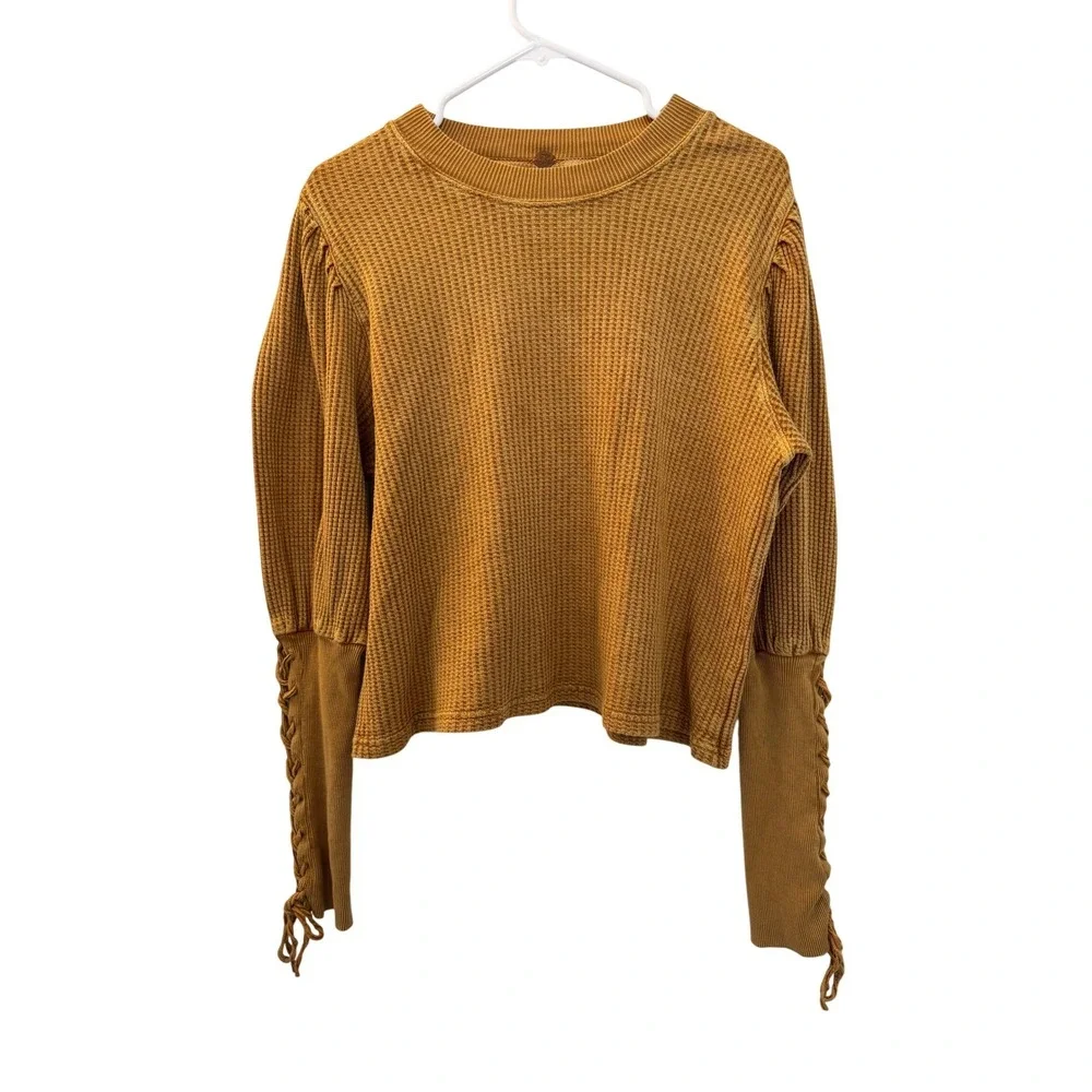 Free People FP One Tasha Cropped Thermal Mustard Yellow Waffle Sleeve Top Medium